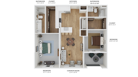 Floor plan for 2 beds, 2 baths, 1230 sqft